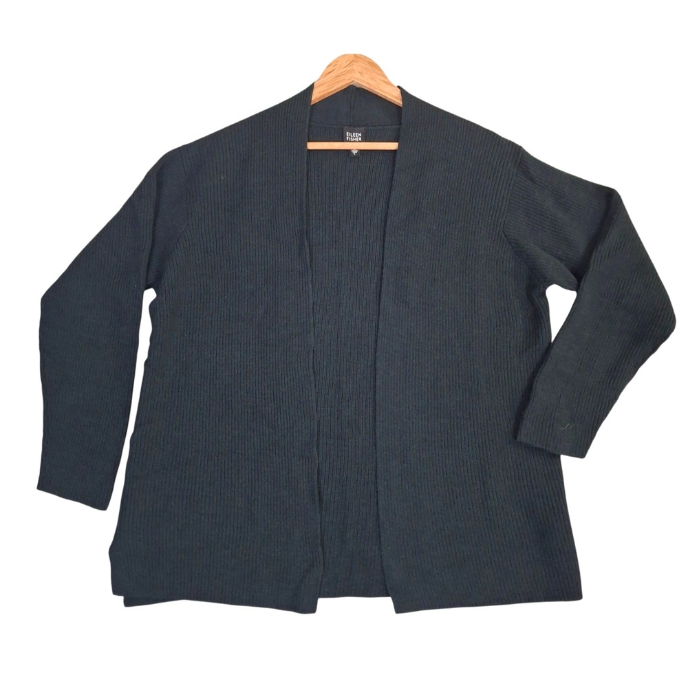 Eileen Fisher Wool Ribbed Open Front Cardigan Sweater Large Green